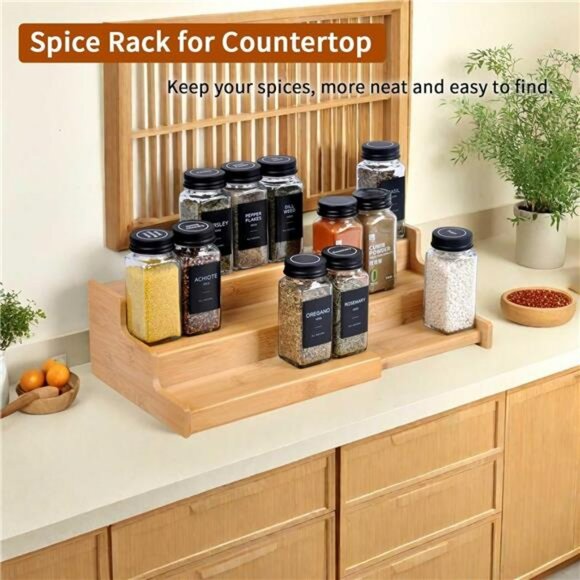 adjustable bamboo spice rack organizer 3 tier kitchen cabinet pantry shelf stora - Picture 5 of 8
